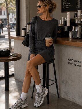 Leith Ruched Bodycon Mini Dress Gray XS